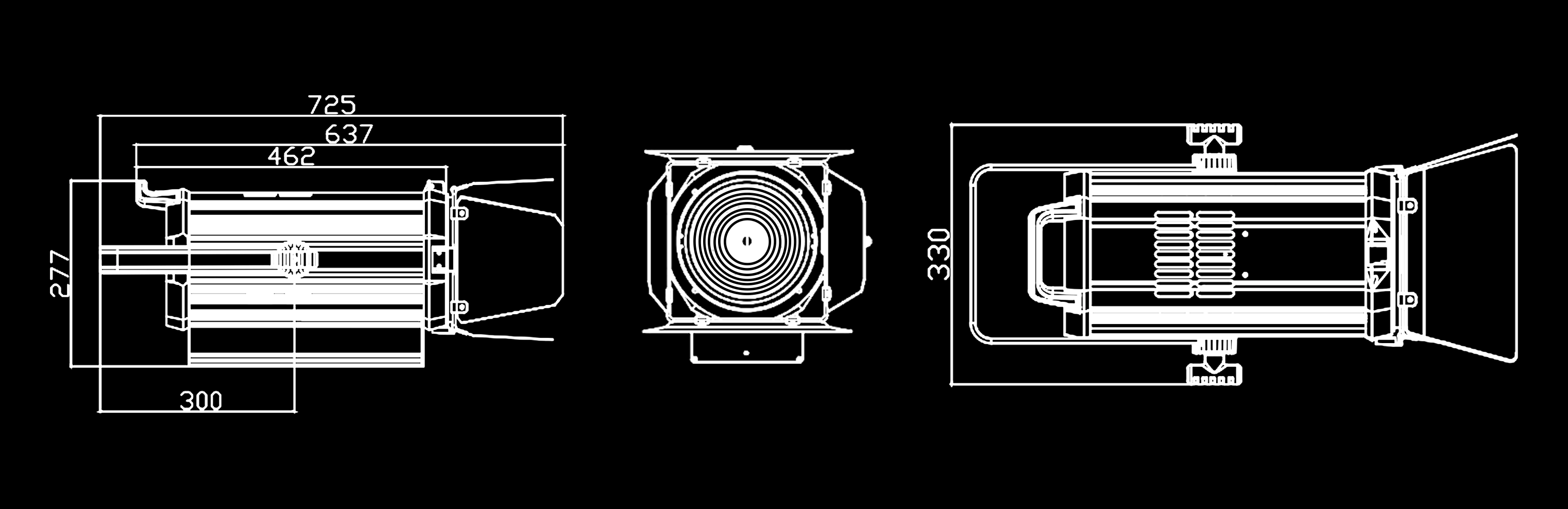 GML LED FRESNEL 300 Theatrical Fresnel LED Spotlight dimensions scheme