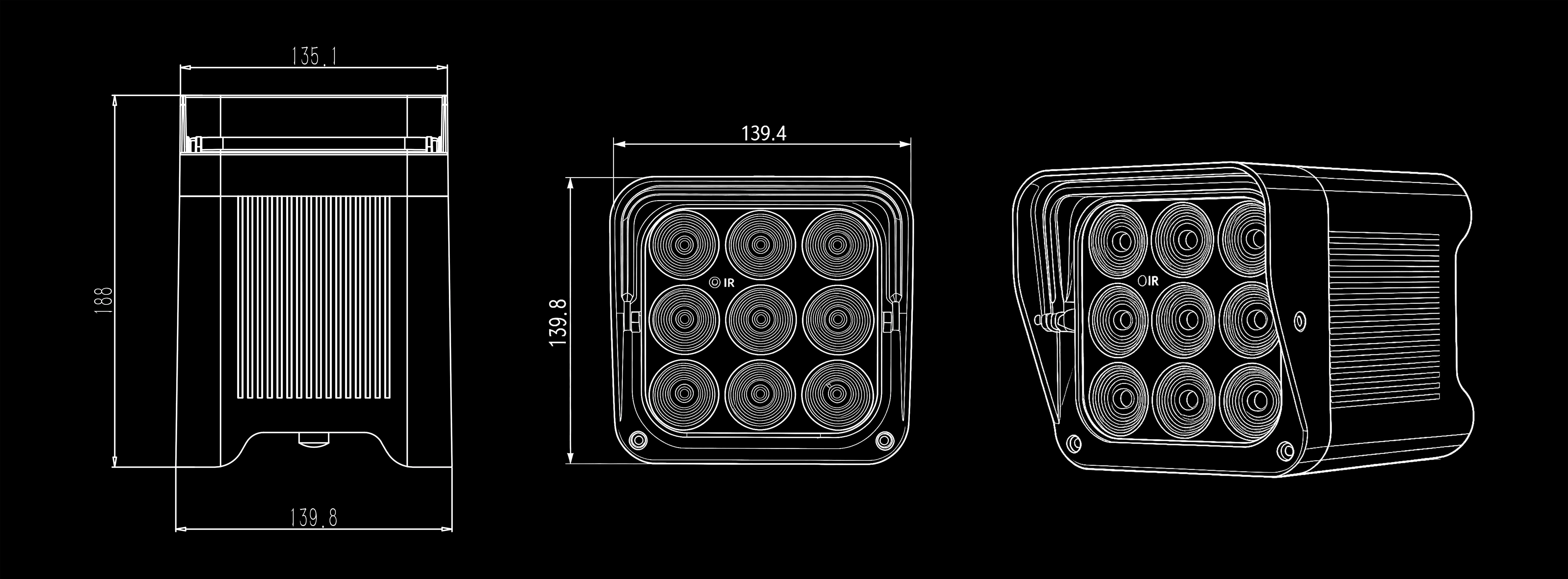 GML CORE B9S IP Wireless Charging Battery LED PAR Light dimensions scheme