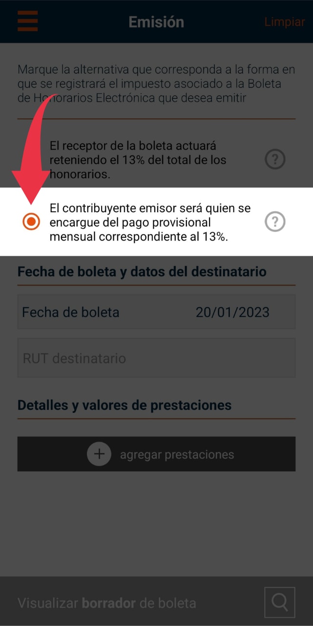 Seleccionar la segunda opción: "El contribuyente emisor será quien se encargue del pago previsional..."