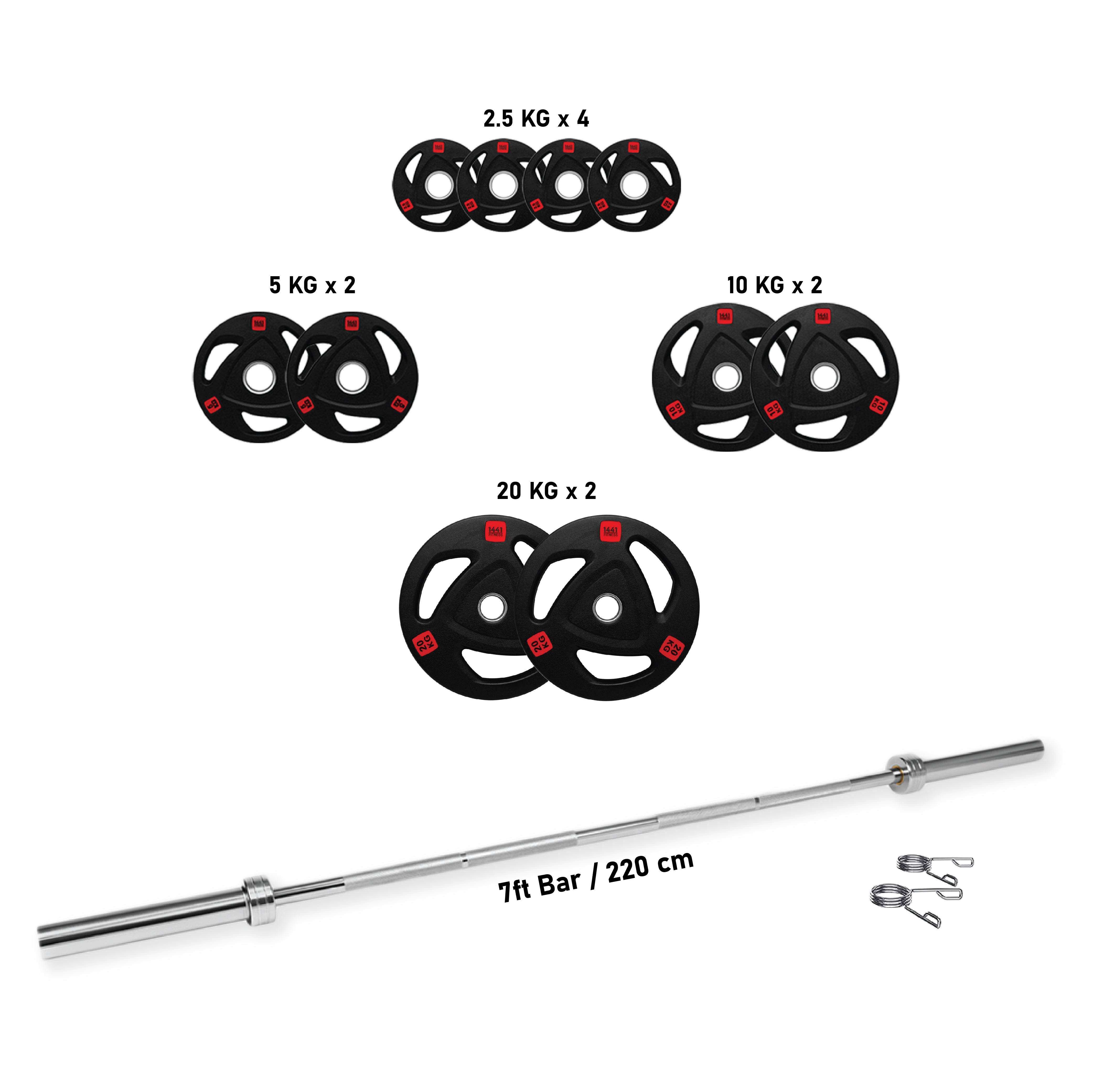 1441 Fitness 7 Ft Olympic Bar With Tri Grip Black Olympic Plates Set | 100 Kg