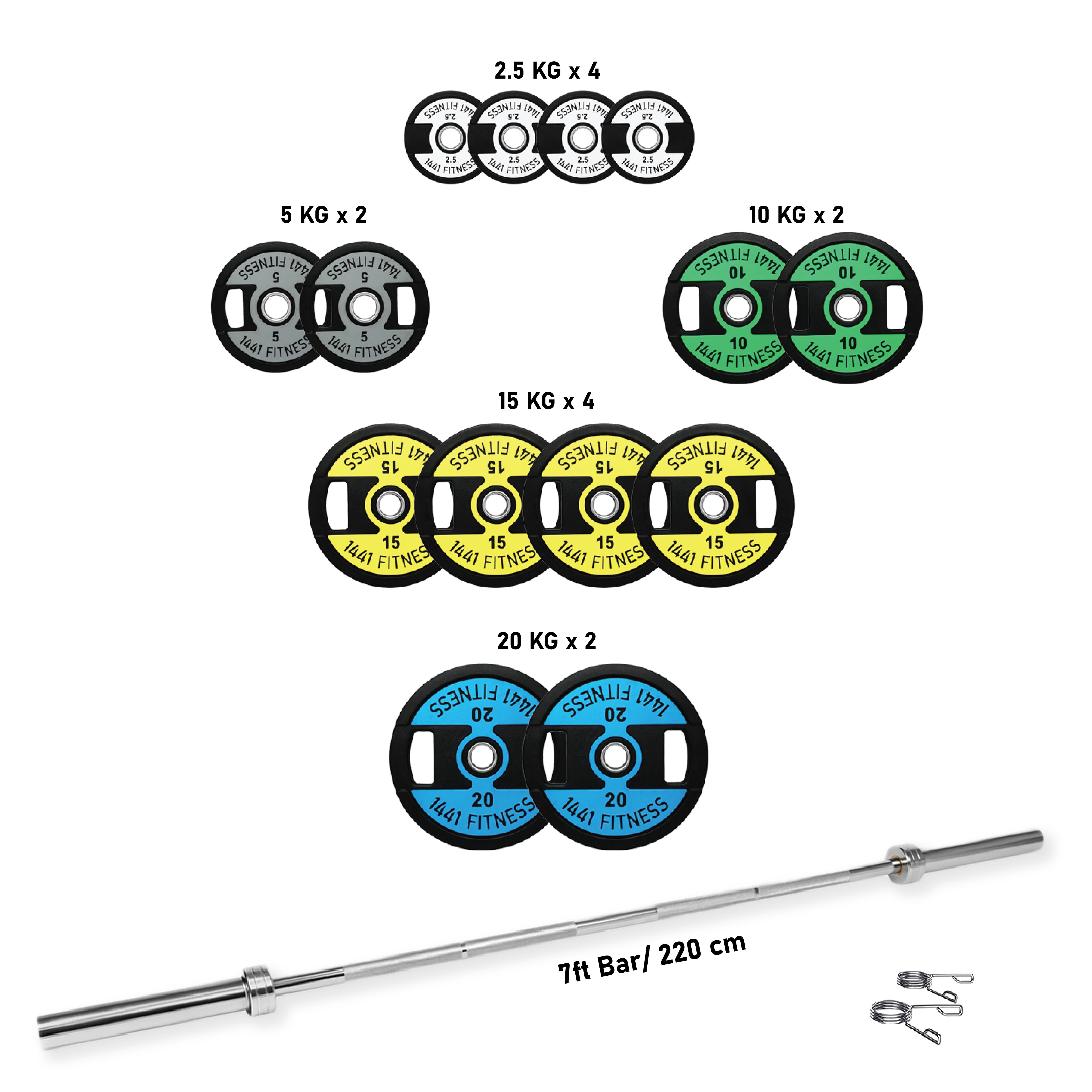 1441 Fitness 7 Ft Olympic Bar With Dual Grip Olympic Plates Set | 160 Kg