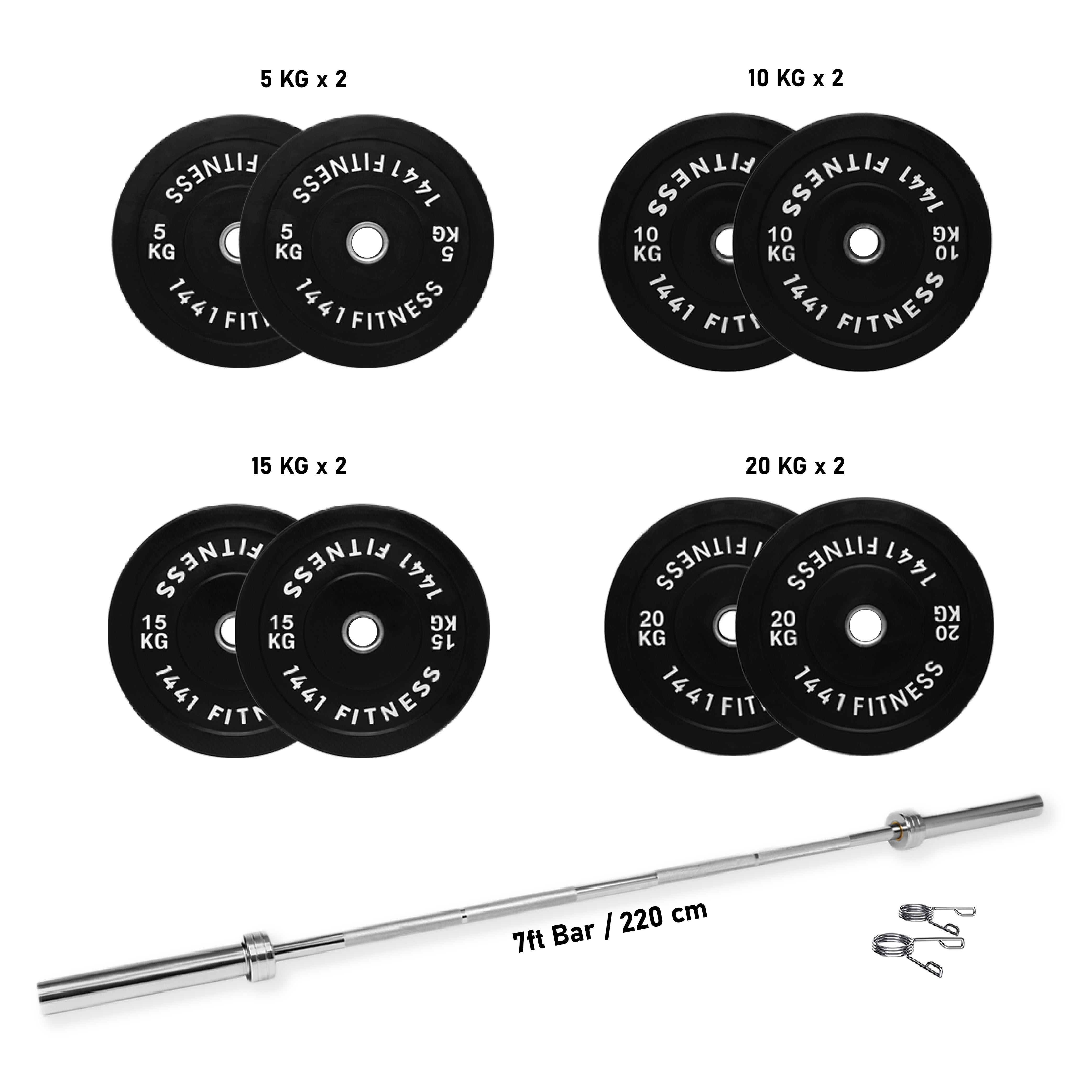 1441 Fitness 7 Ft Olympic Bar With Rubber Bumper Plates - 120 KG Set