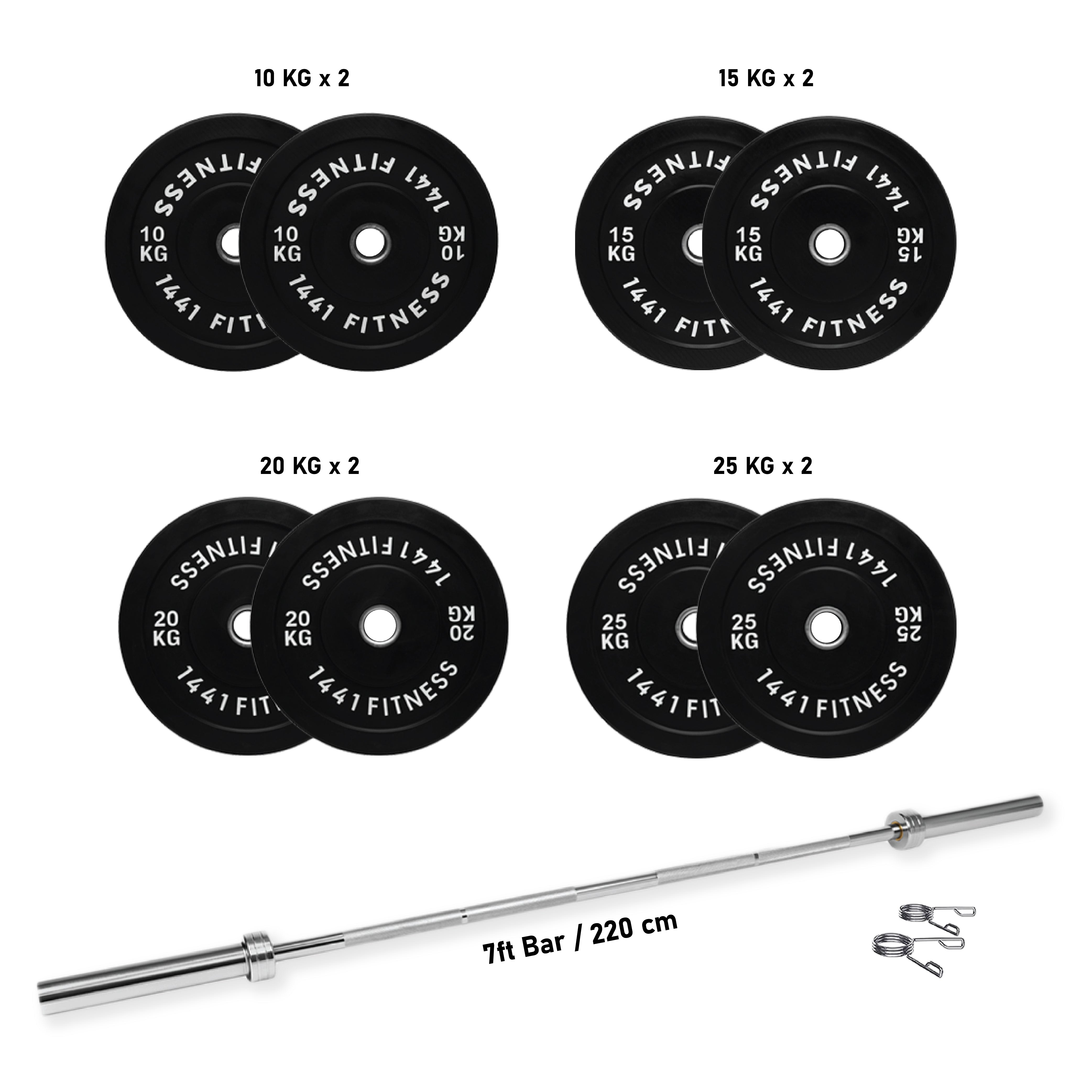 1441 Fitness 7 Ft Olympic Bar With Rubber Bumper Plates - 160 KG Set