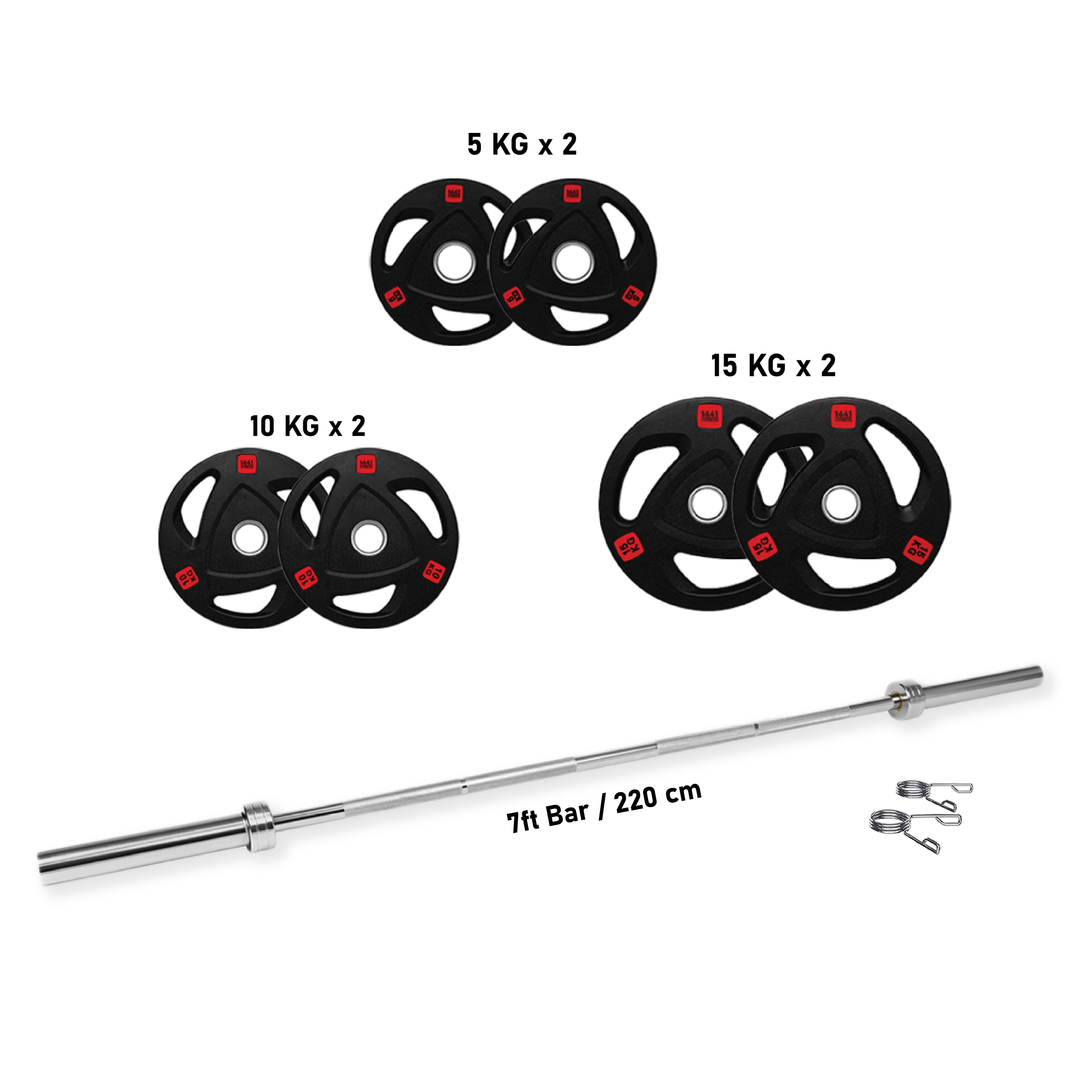 1441 Fitness 7 Ft Olympic Bar With Tri Grip Black Olympic Plates Set | 80 Kg