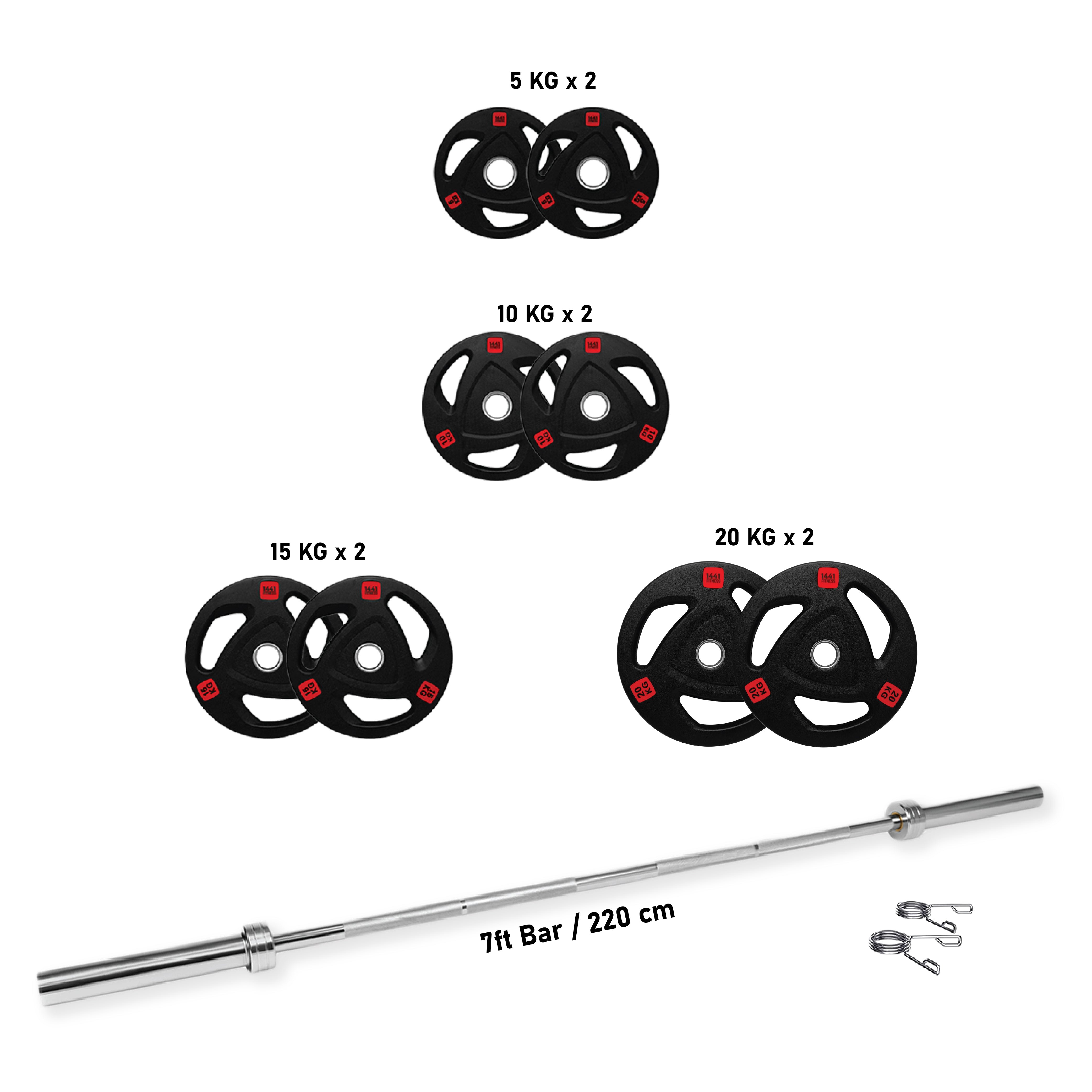 1441 Fitness 7 Ft Olympic Bar With Tri Grip Black Olympic Plates Set| 120 Kg
