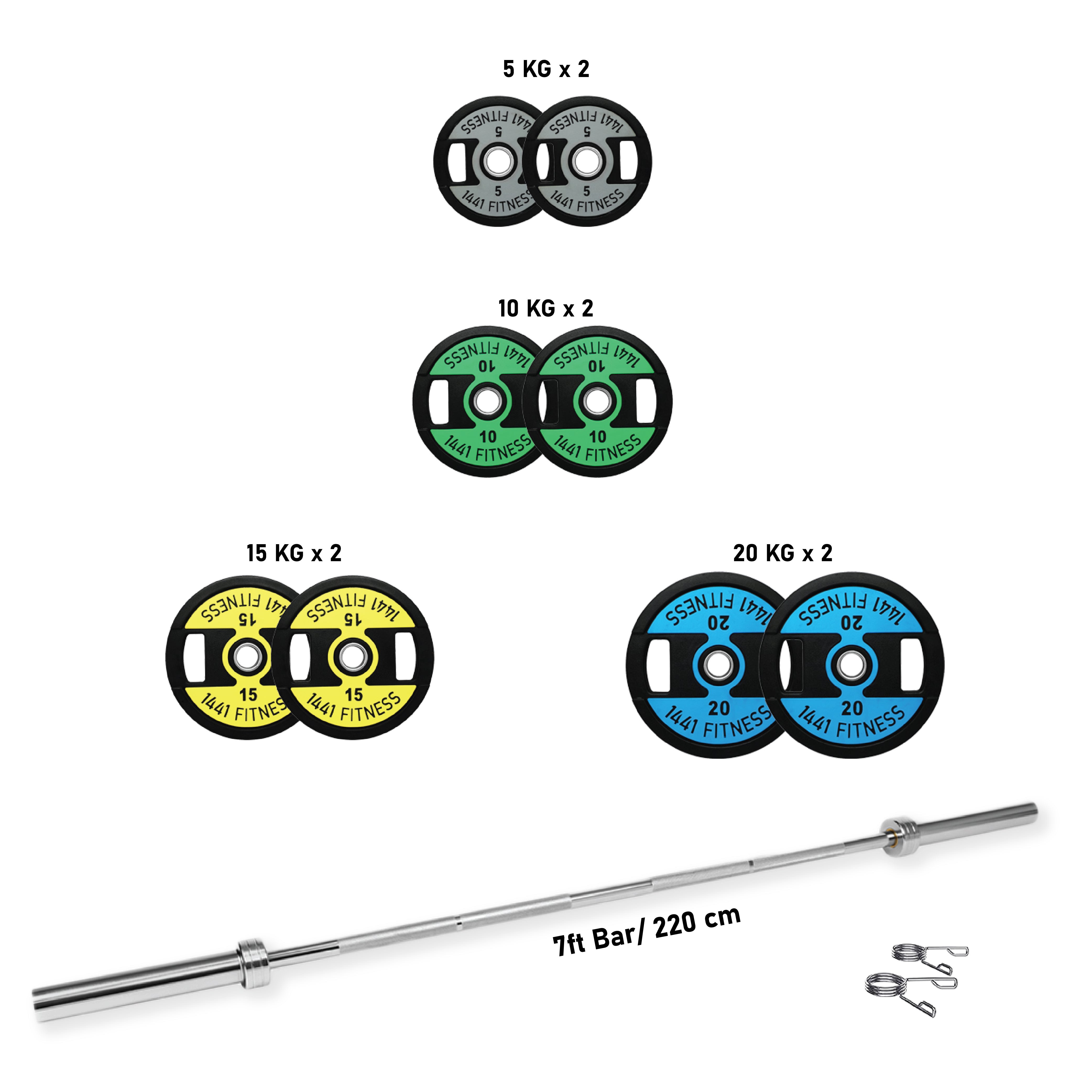 1441 Fitness 7 Ft Olympic Barbell With Dual Grip Olympic Plates Set | 120 Kg