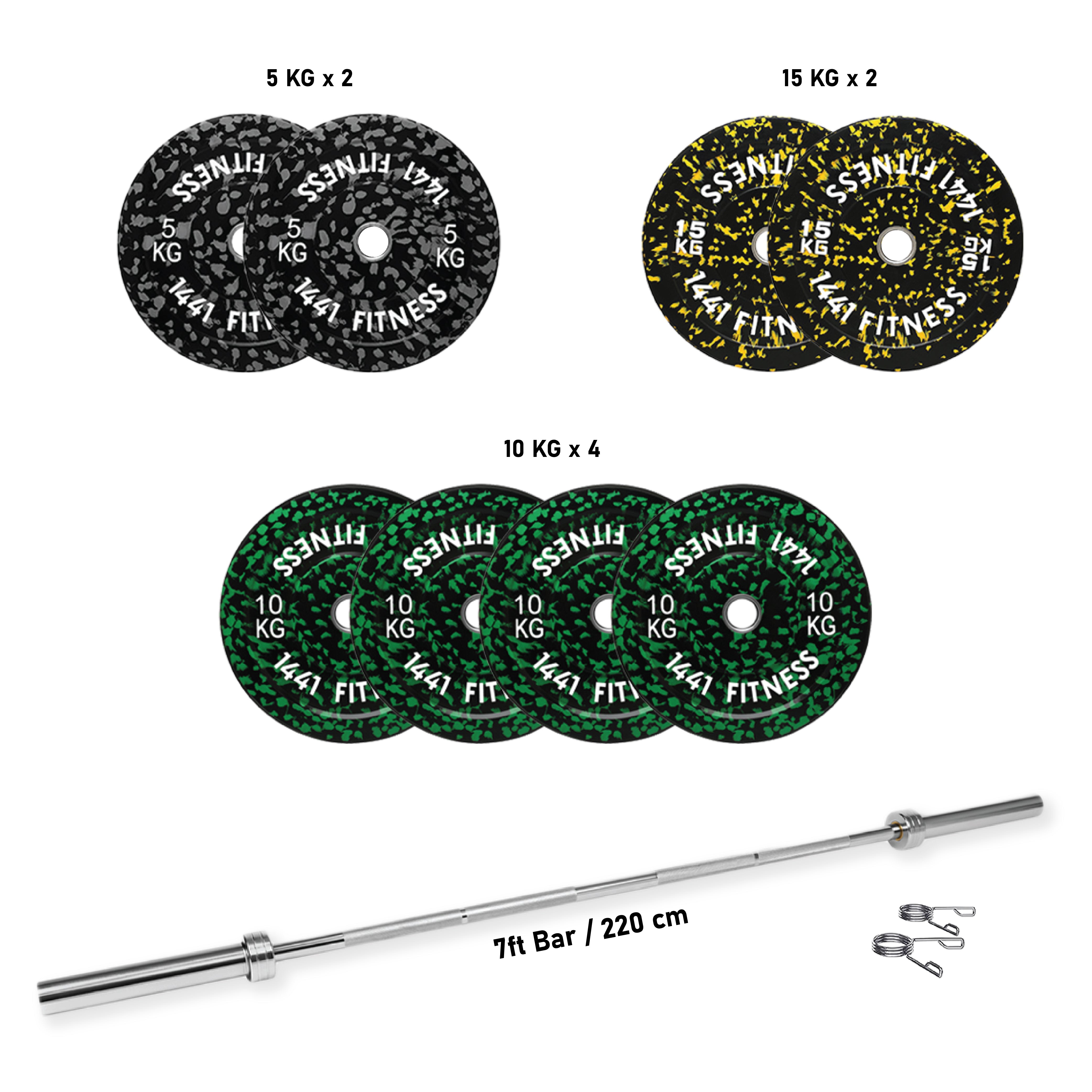 7 Ft Olympic Bar With Camouflage Bumper Plates - 100 KG Set | 1441 Fitness