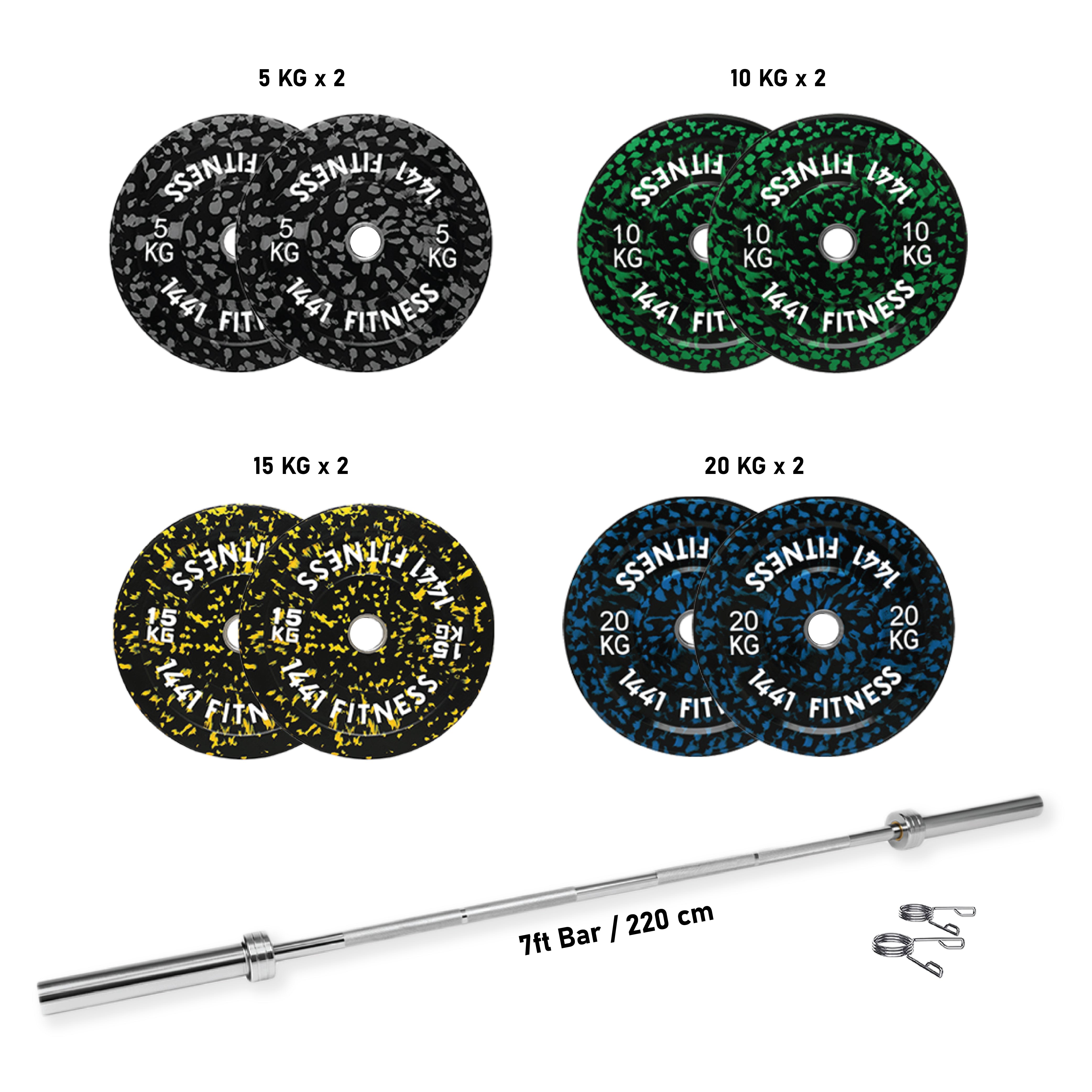 7 Ft Olympic Bar With Camouflauge Bumper Plates - 120 KG Set | 1441 Fitness