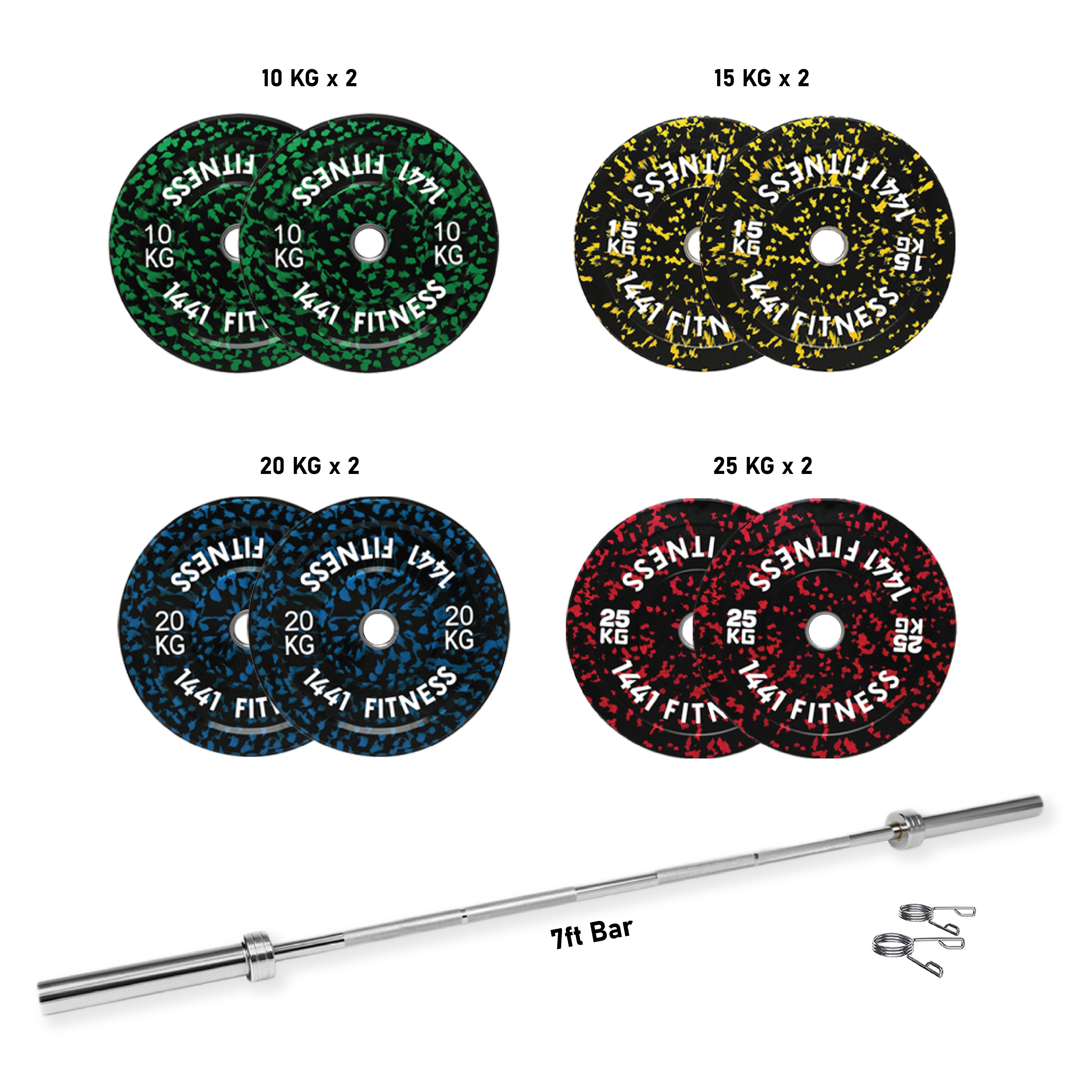 7 Ft Olympic Bar With Camouflauge Bumper Plates - 160 KG Set | 1441 Fitness