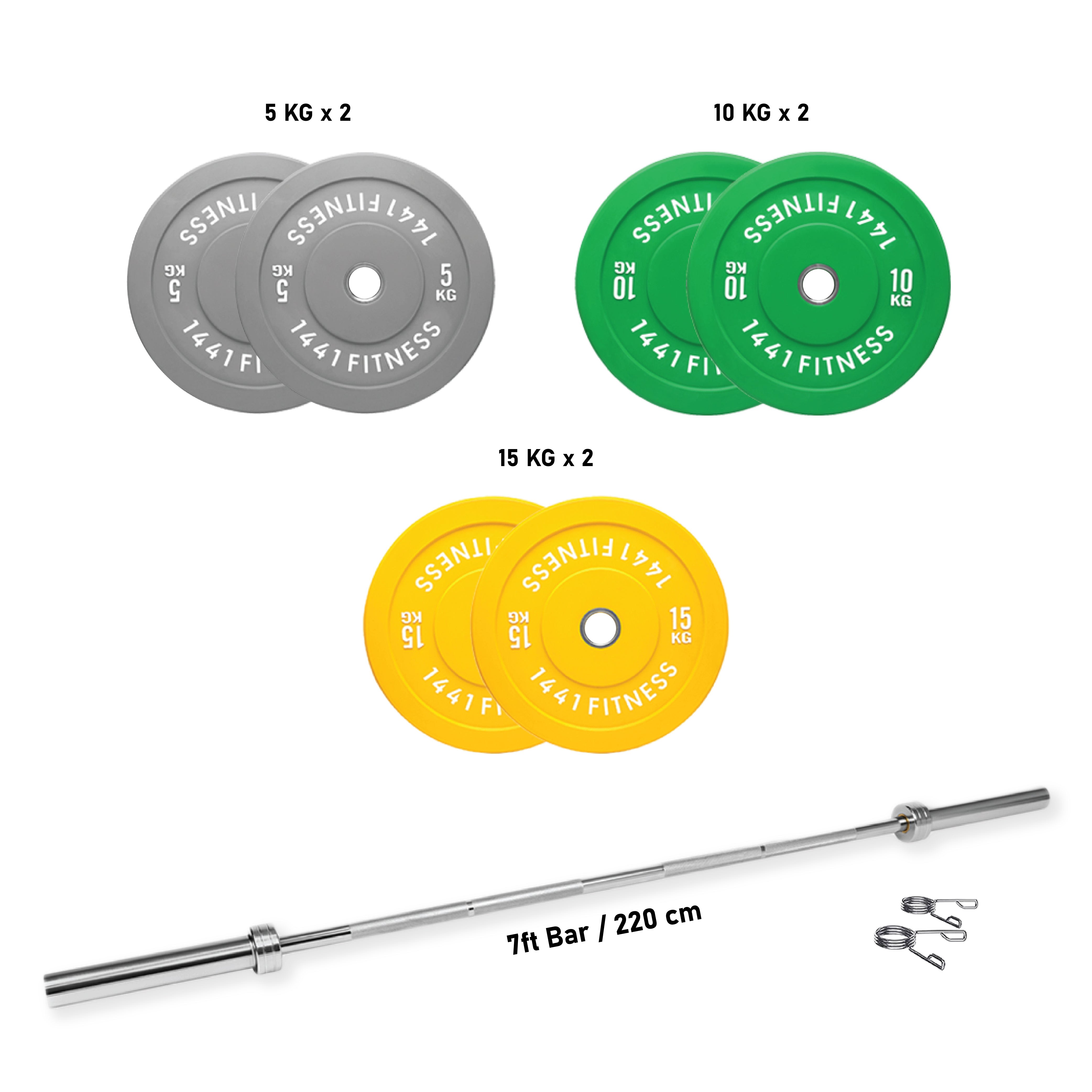 7 Ft Olympic Bar With Color Bumper Plates - 80 KG Set | 1441 Fitness