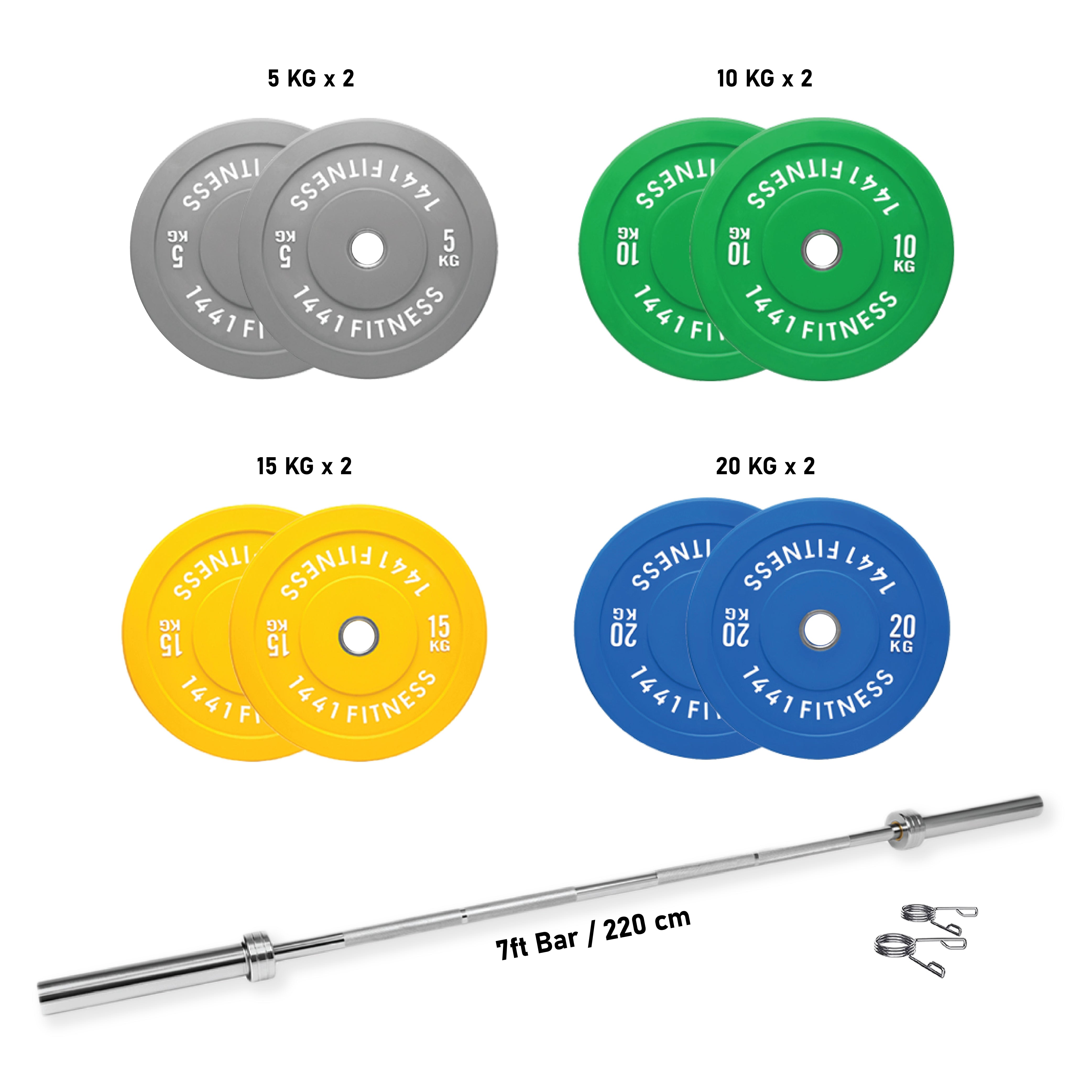7 Ft Olympic Barbell And Color Bumper Plate Set - 120 Kg | 1441 Fitness