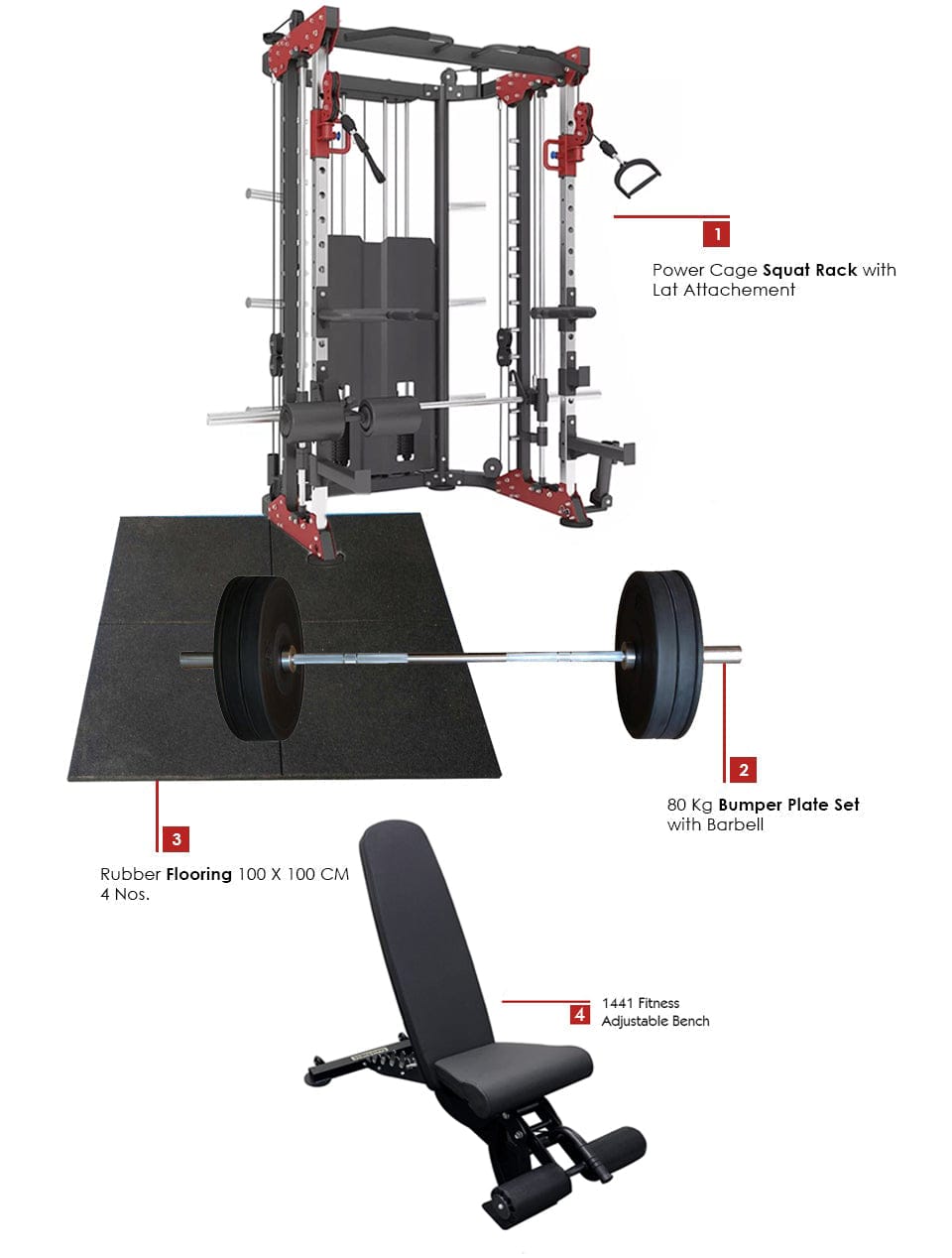 Combo Deal | 1441 Fitness Functional Trainer With Smith Machine - 41FC81 + 80kg Apus Bumper Plate Set + Adjustable Bench A8007 + 4 Gym Tile