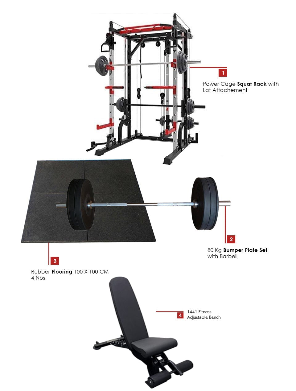 Combo Deal | 1441 Fitness Smith Machine With Functional Trainer And Squat Rack J009 + 80kg Apus Bumper Plates + Adjustable Bench A8007 + 15 MM Flooring