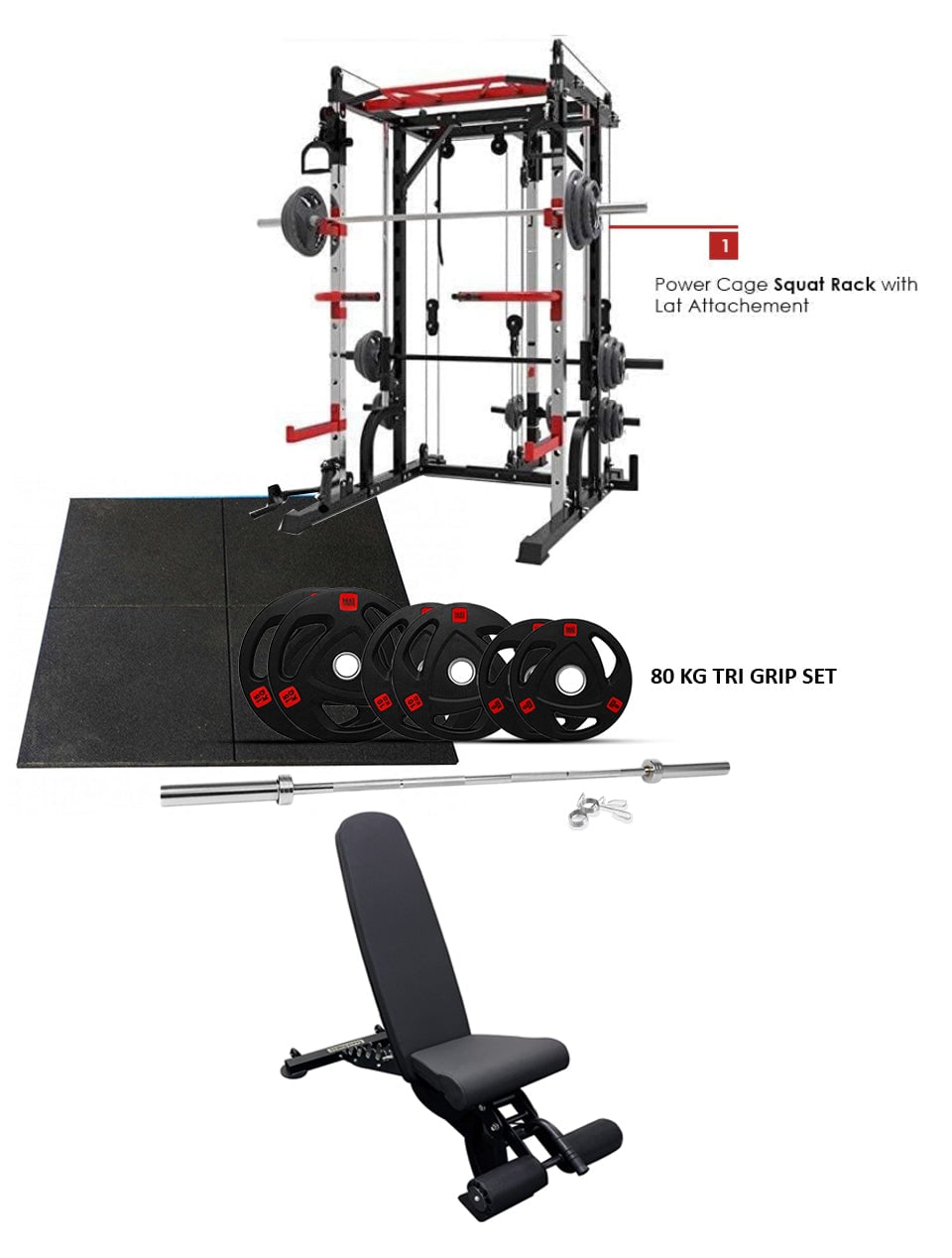 Combo Deal | 1441 Fitness Smith Machine With Functional Trainer J009 + 7 Ft Bar With Tri Grip 80 Kg Set + Adjustable Bench A8007 + 15 MM Flooring