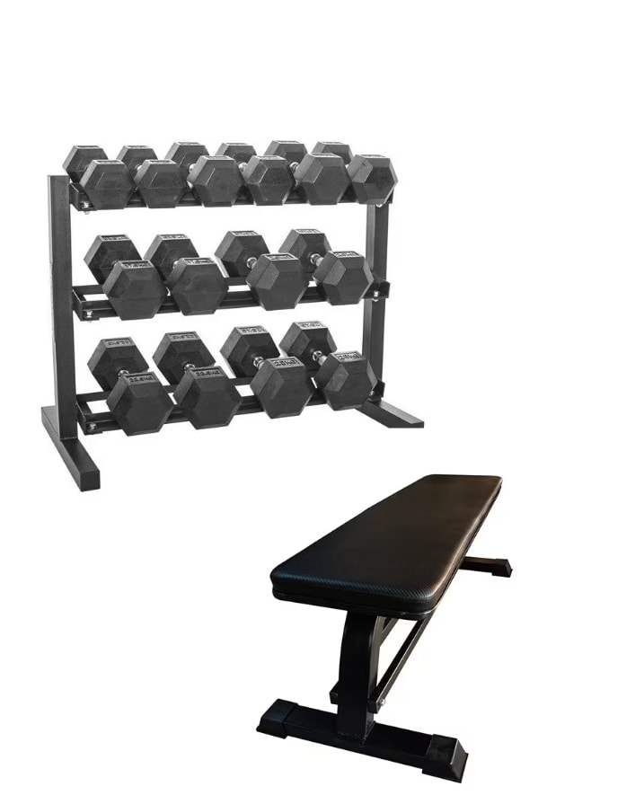 Combo Offer - Hex Dumbbell Set 2.5 Kg To 20 Kg With 3 Tier Dumbbell Rack And Flat Bench