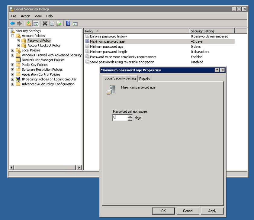 Disable password expiry for Windows Server 2012 R2