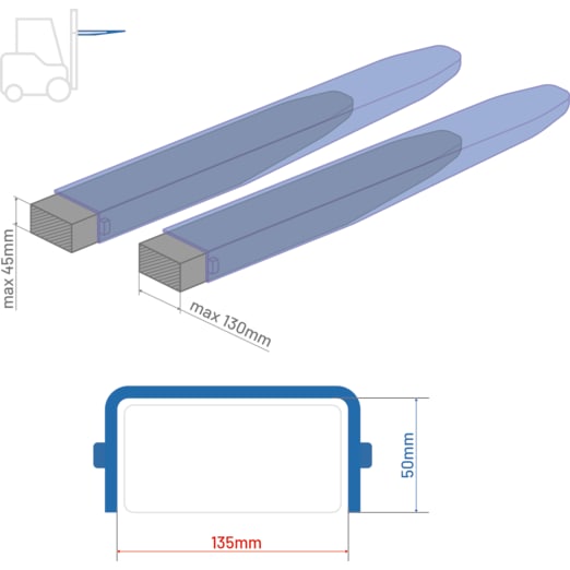 Gabelverlängerungen für Stapler 2400 mm für 130 mm x 45 mm Gabeln (offen) Gabelverlängerungen für Stapler 2400 mm für 130 mm x 45 mm Gabeln (offen)