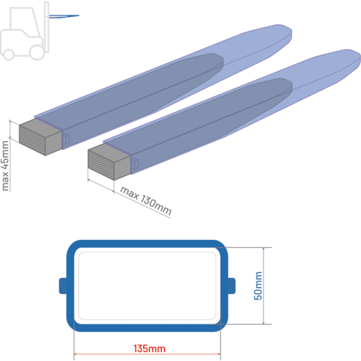 Gabelverlängerungen 1800 mm für 130 mm x 45 mm Zinken (geschlossen) Gabelverlängerungen 1800 mm für 130 mm x 45 mm Zinken (geschlossen)