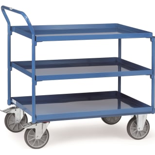 Fetra Tischwagen mit Blechwannenboden - Kapazität 400 kg - 3 Böden - Griff hochstehend