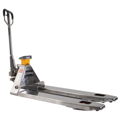 Profi Edelstahl-Hubwagen mit Waage für 2000 kg mit 1150 mm Gabeln