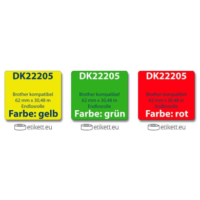 Label farbig f. Brother DK22205 62mm x 30,48m endlos mit wiederverwendbarer Wechselhalterung