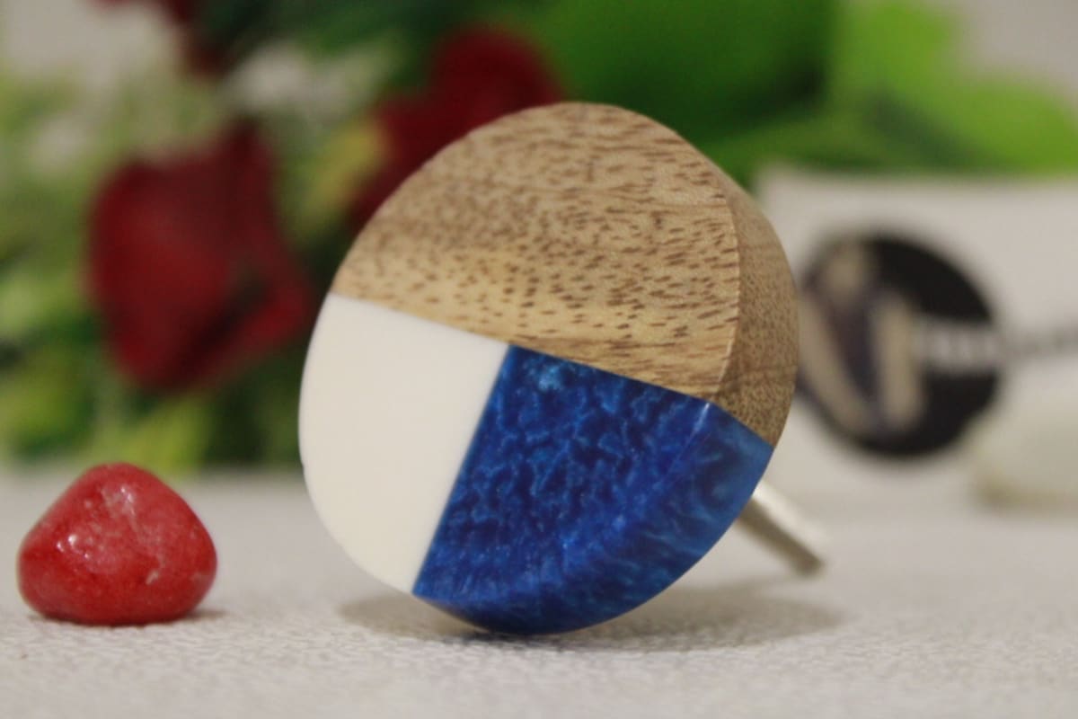 White, Blue Resin & wooden Knob