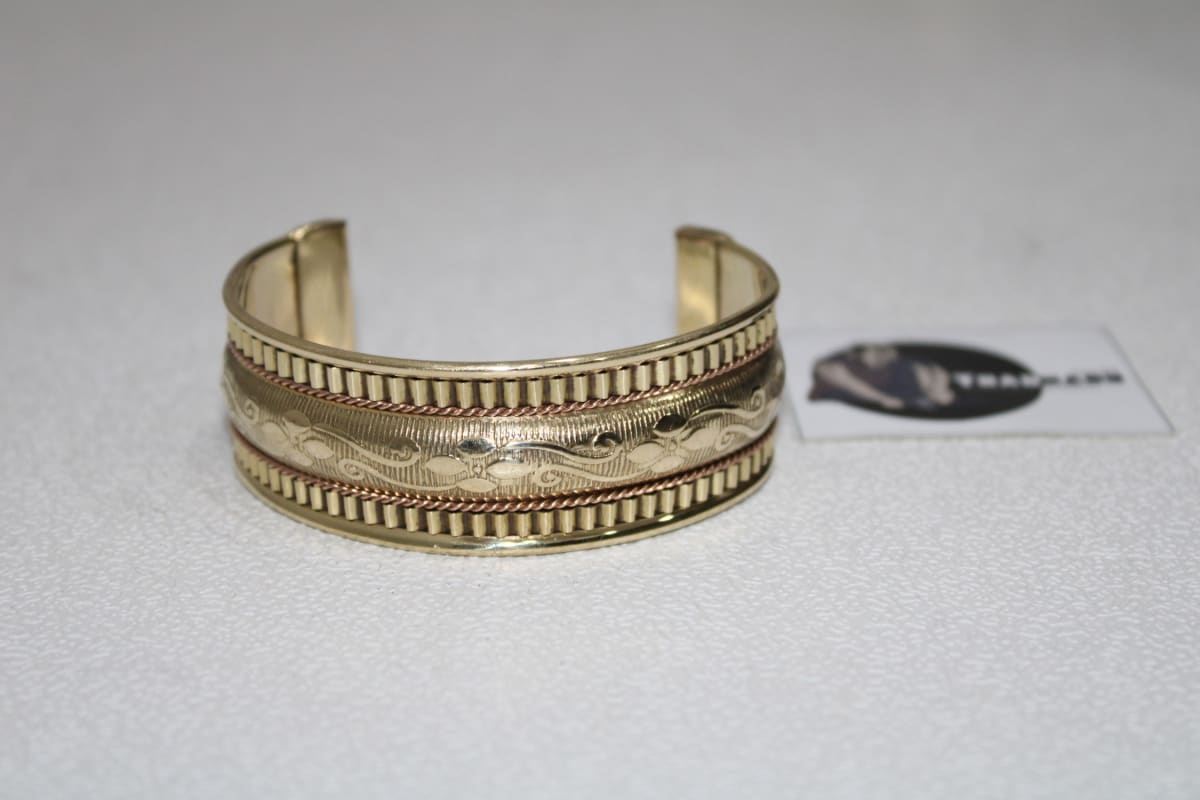 Dual Copper Bending And Flower Design Brass Cuff — Brass