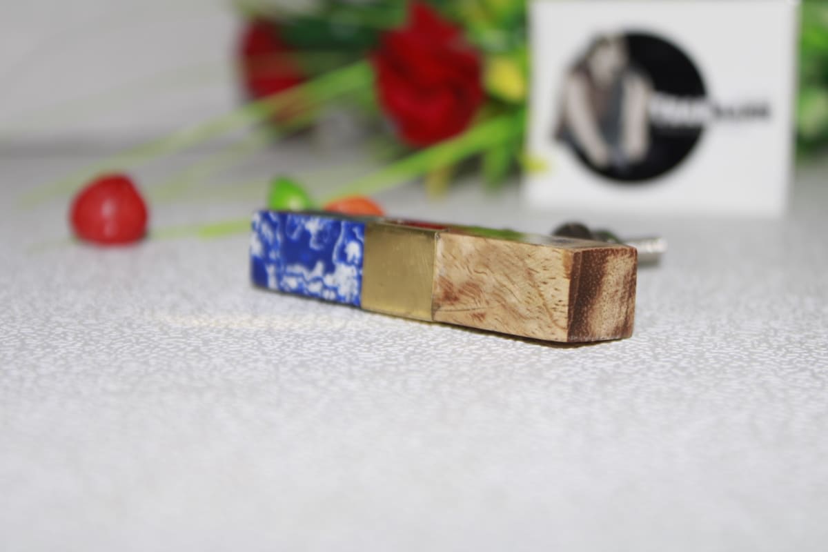 Rectangular Knob In Colorful Marble, Brass Strip & Wood — Marble, Brass & Wood