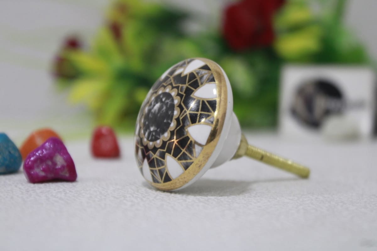 Ceramic White Knob In Golden And Black Print — undefined