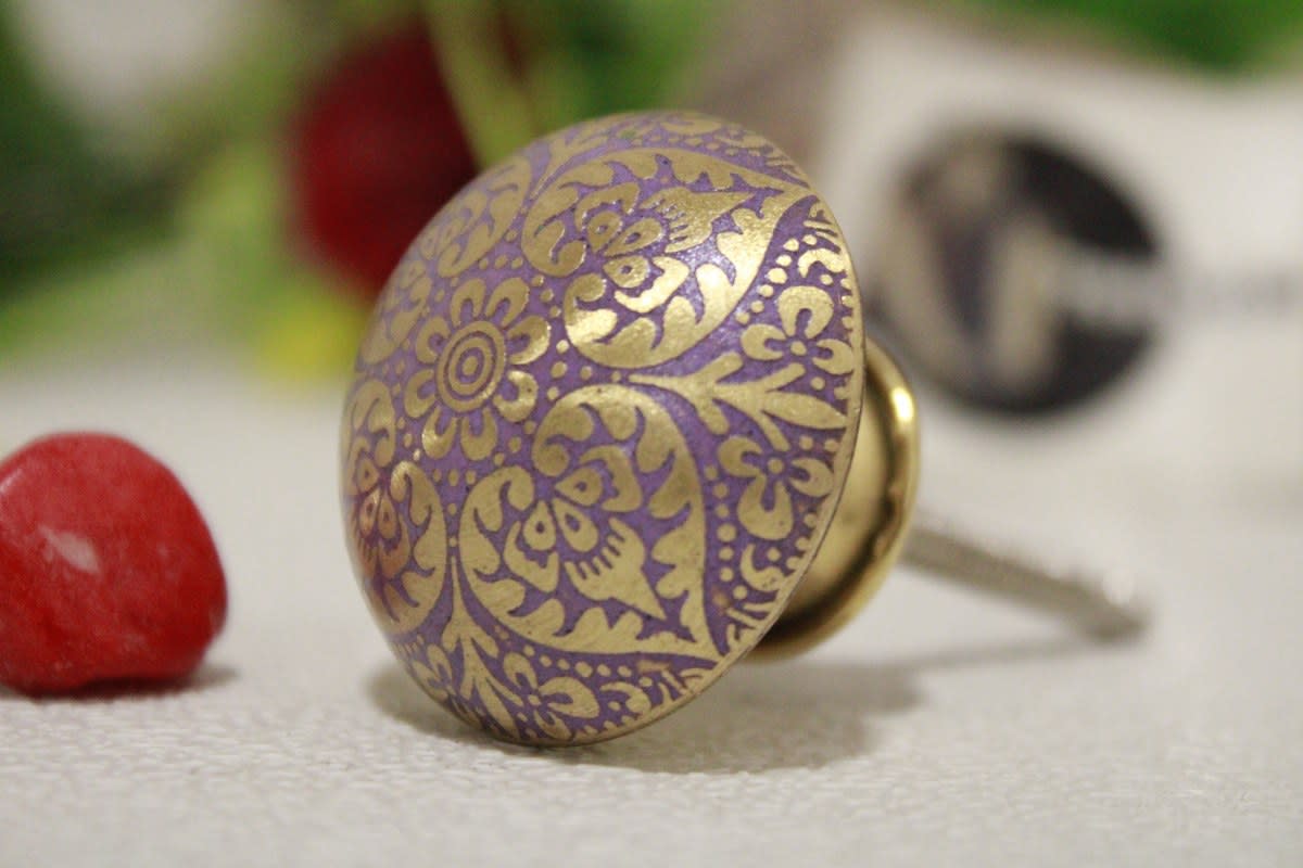 Purple Brass Knob Etched Flower Design — Brass