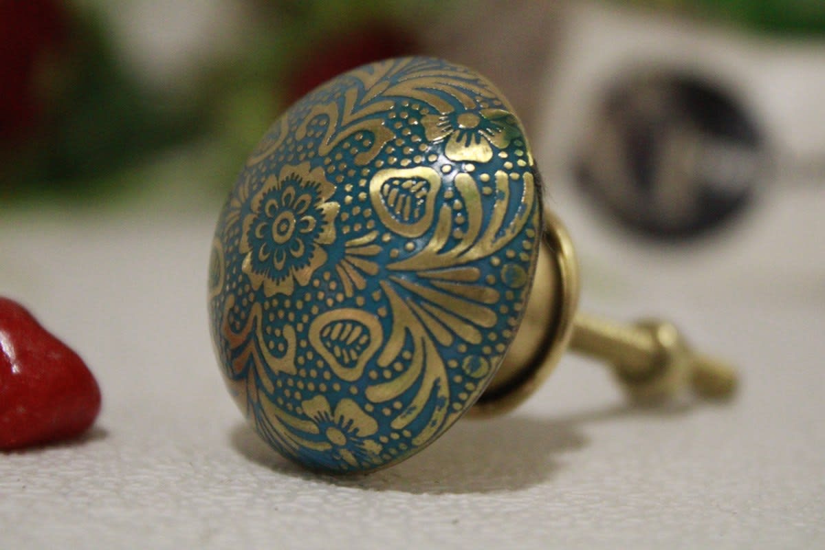 Dark Blue Brass Knob Etched Flower Design — Brass
