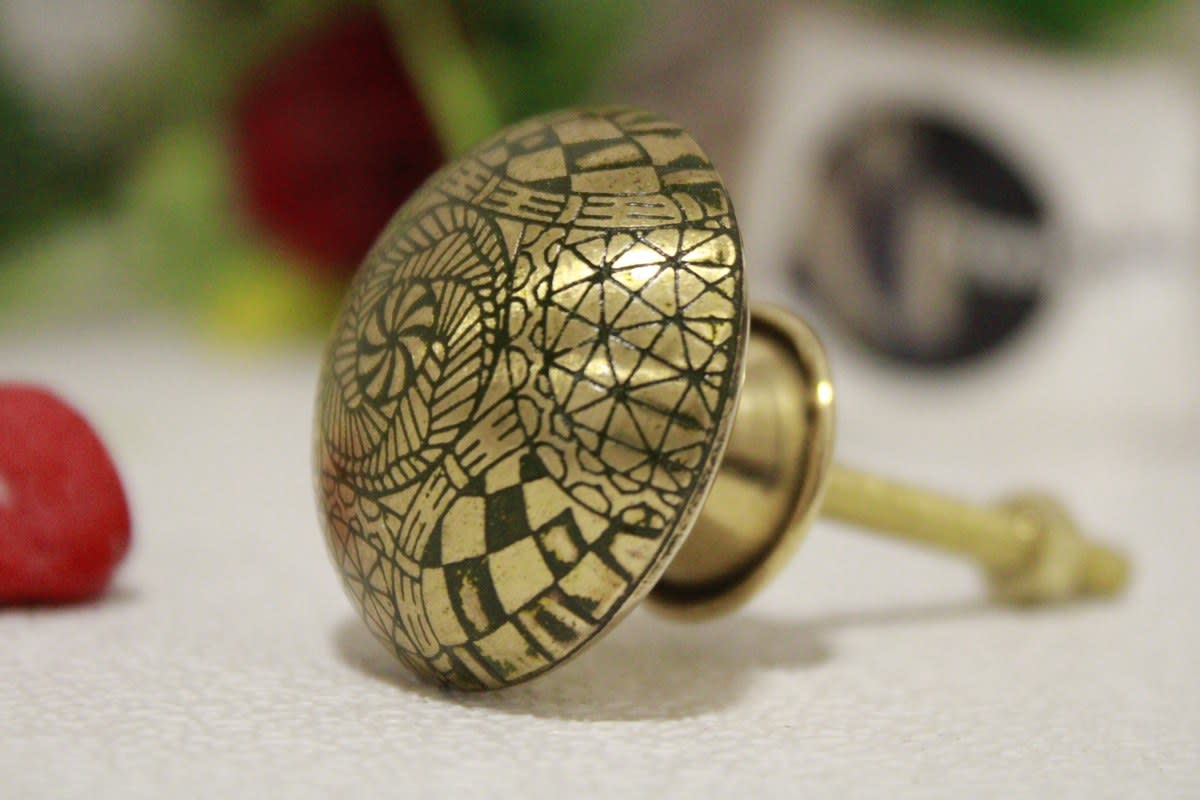 Dark Green Brass Knob Etched Flower Design — Brass