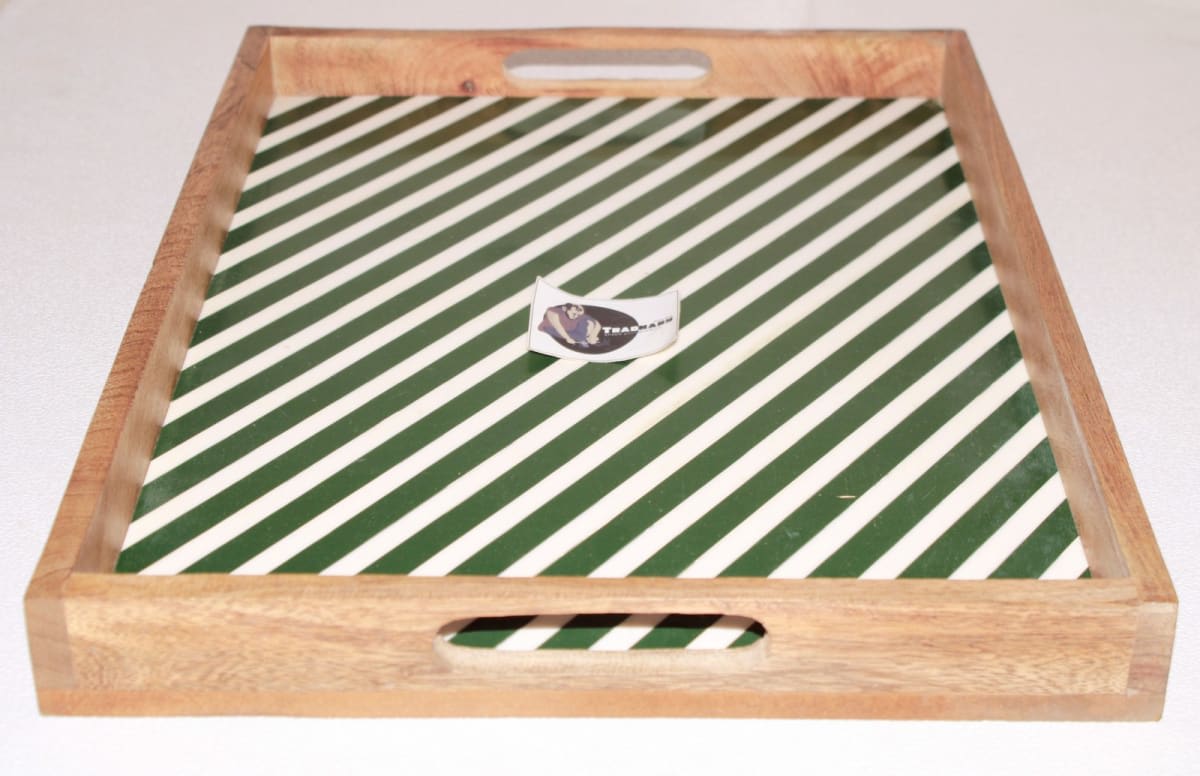 White & Green Strips Resin Tray — Wood & Resin