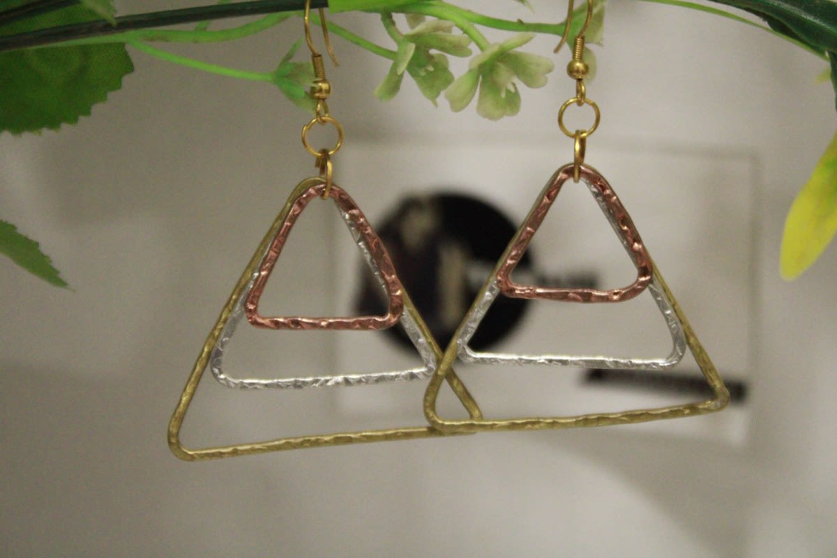 Copper, Brass & Silver Earrings In Triangle Shape With Etching — Brass