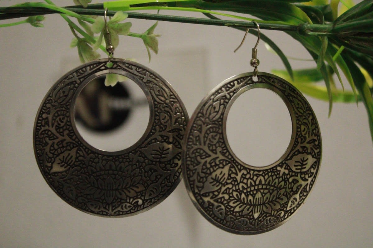 Silver Coated Earrings In Etching Flower Design — Brass