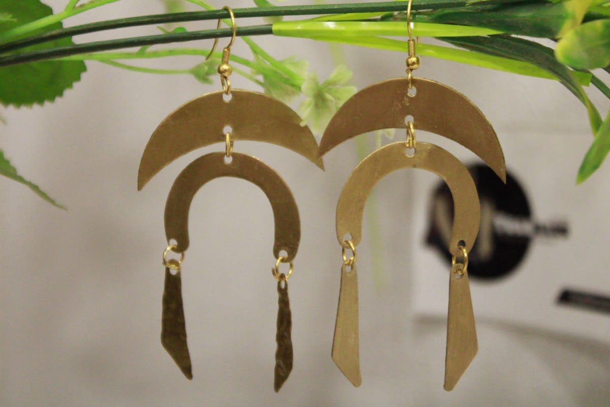Crescent Brass Earrings In Two Strip Design — Brass