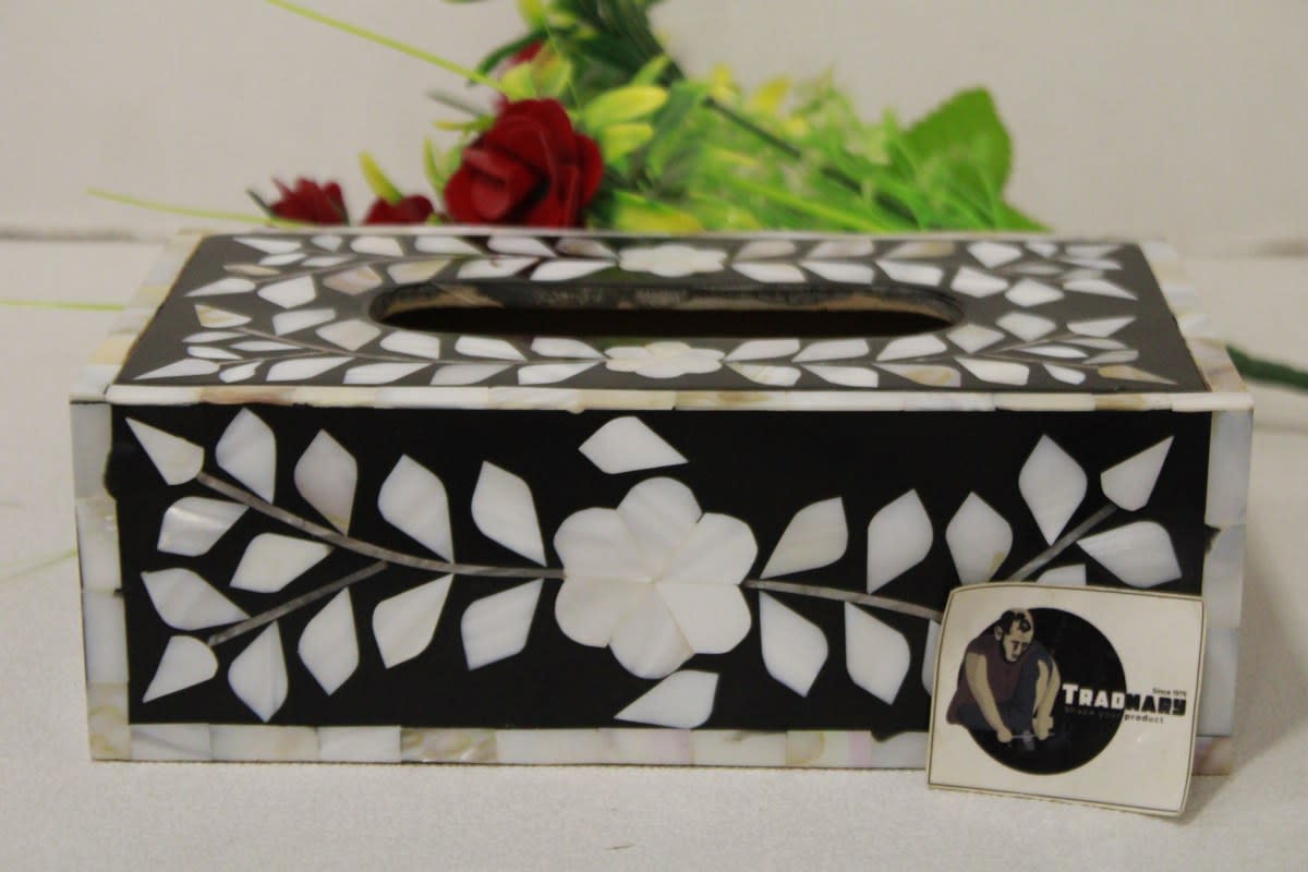 Mother Of Pearl Inlay Black Tissue Box — Resin & Mother Of Pearl