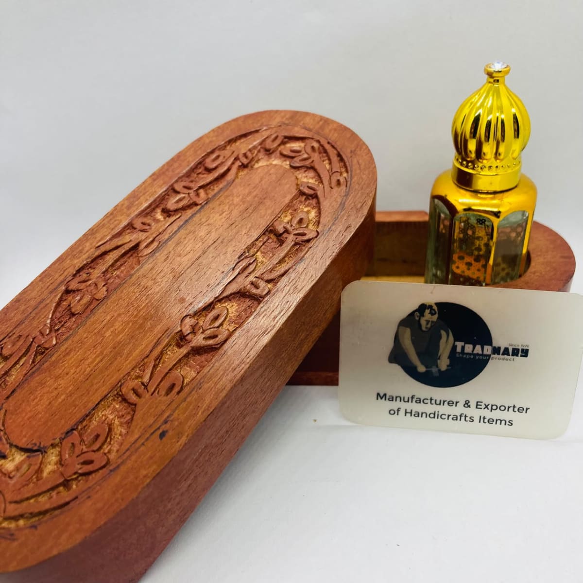 Wooden Attar Holder with Floral Carving handmade in Acacia Wood by an Indian manufacturer