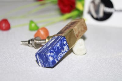 Rectangular Knob In Colorful Marble, Brass Strip & Wood thumbnail 2