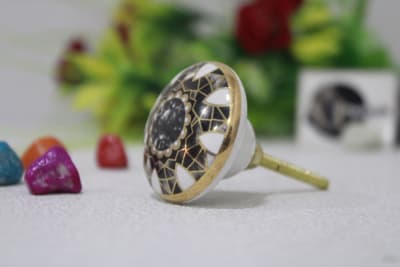 Ceramic White Knob In Golden And Black Print thumbnail 1