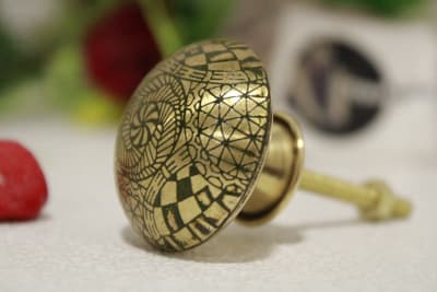 Dark Green Brass Knob Etched Flower Design thumbnail 1