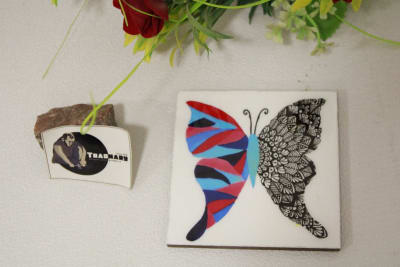 Square Coaster In Printed Blue Red Wing butterfly with Enamel Paint thumbnail 1