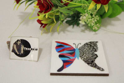 Square Coaster In Printed Blue Red Wing butterfly with Enamel Paint thumbnail 2