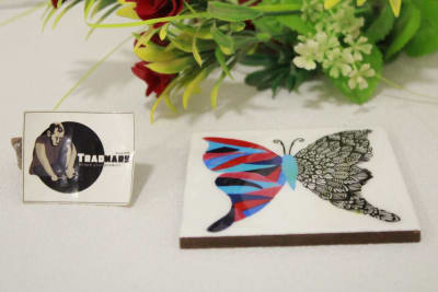 Square Coaster In Printed Blue Red Wing butterfly with Enamel Paint thumbnail 3