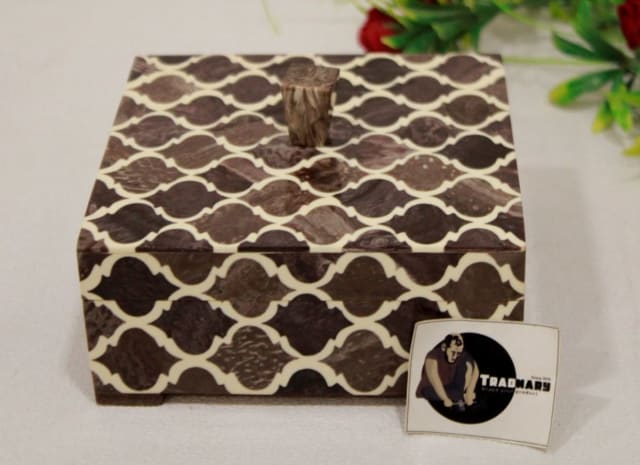 Handmade Brown Resin Box In White Geometric line Design in undefined manufactured in India