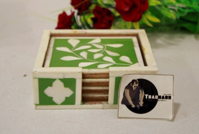 Handmade Bone Inlay Green Coaster and box in Resin & Bone manufactured in India