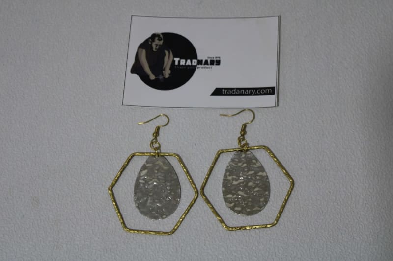 Hexagon Design Brass & Silver Coated Drop Design Earrings — Silver Coated