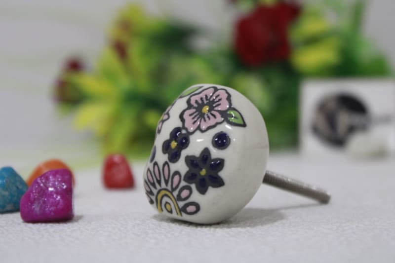 White Ceramic Printed Flower Knob — undefined