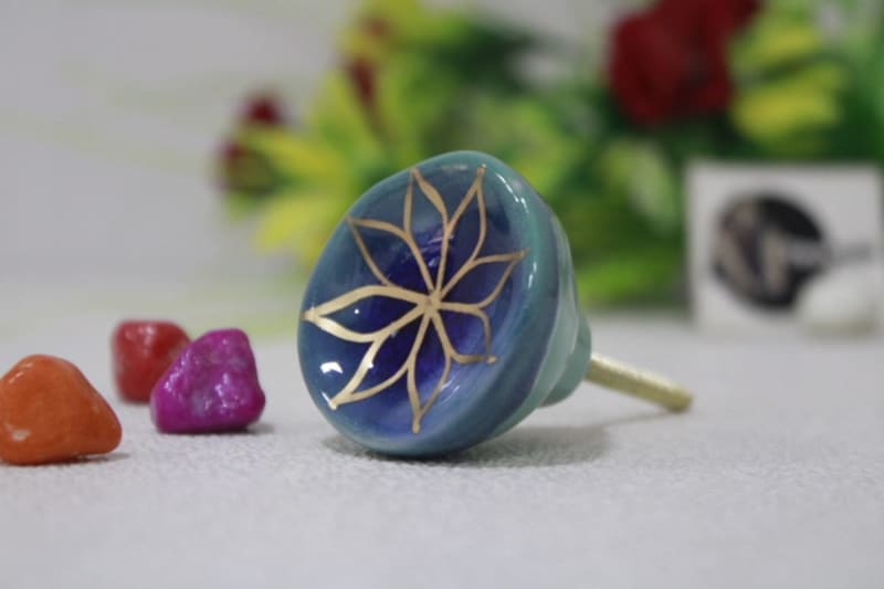 Printed Flower Blue Knob — Ceramic