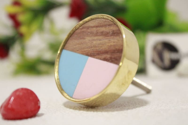 Pink, turquoise Resin & wooden Knob in Molded Brass — Resin, Wood & Brass